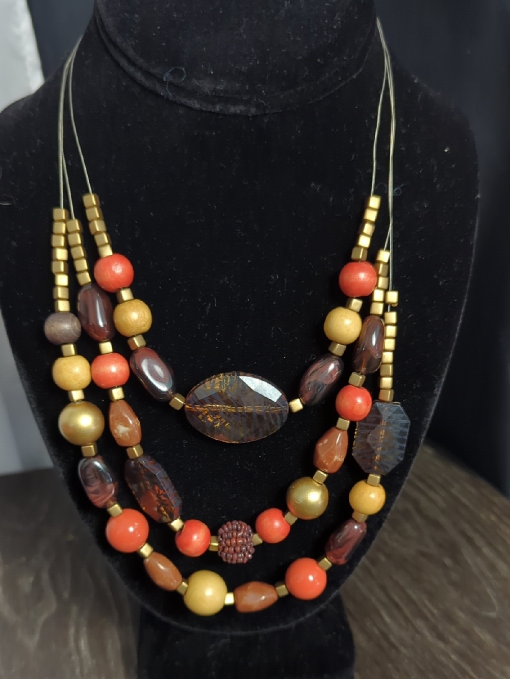 Vintage Multi-Strand Gold & Orange Bead Statement Necklace